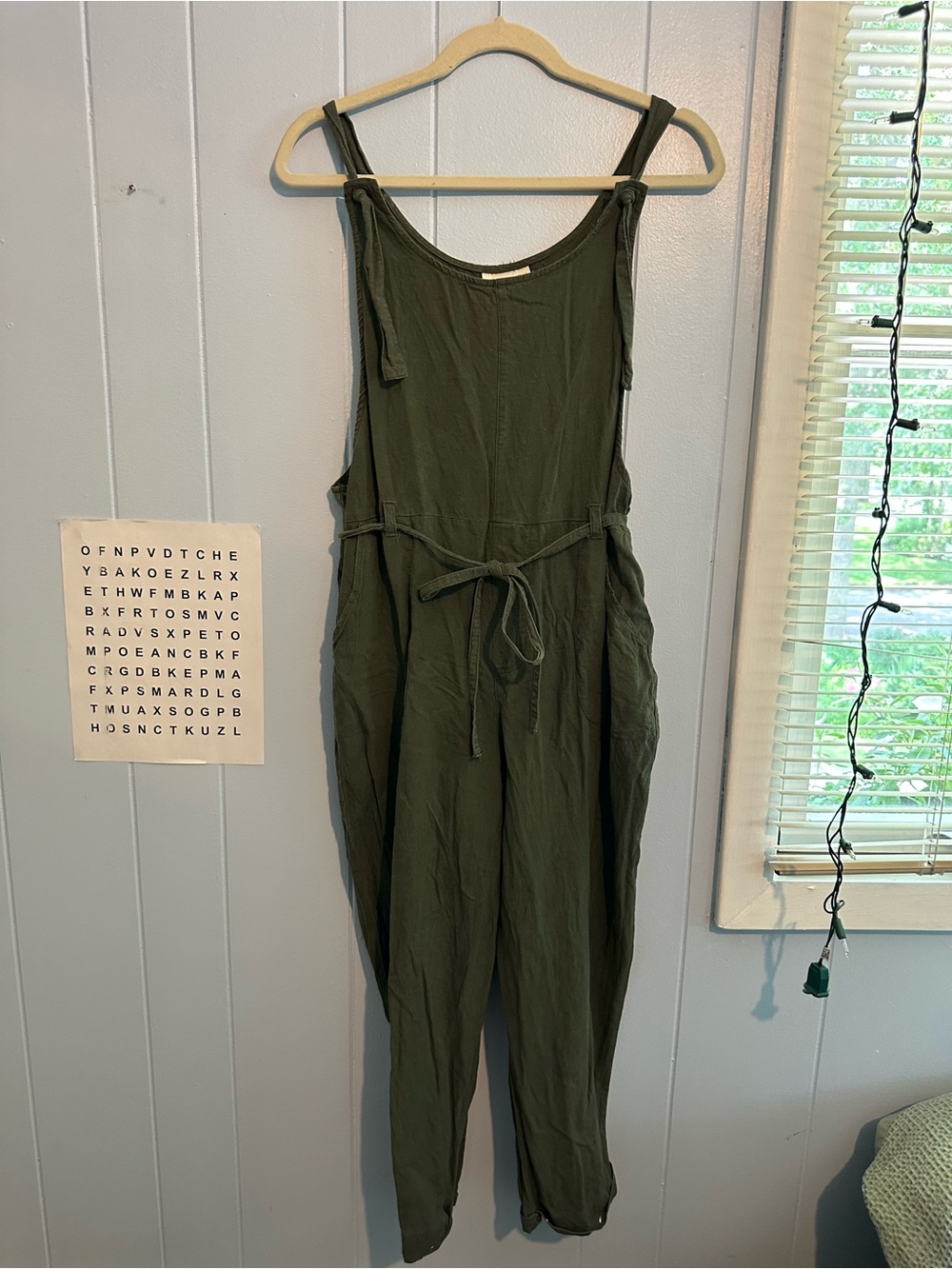 Women's Linen Blend Olive Green Tie-Waist Jumpsuit